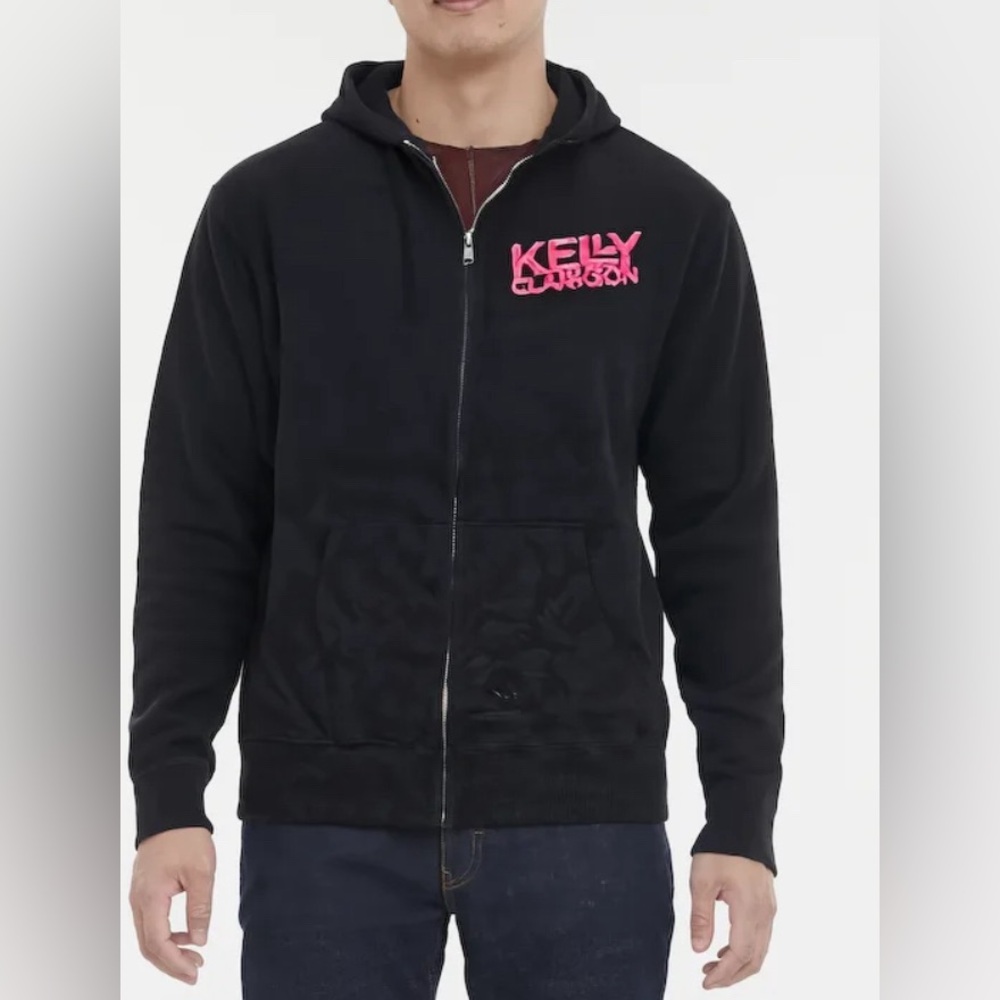 Kelly Clarkson men’s Pocket‎ Logo Zippered Hooded Sweatshirt hoodie Black medium